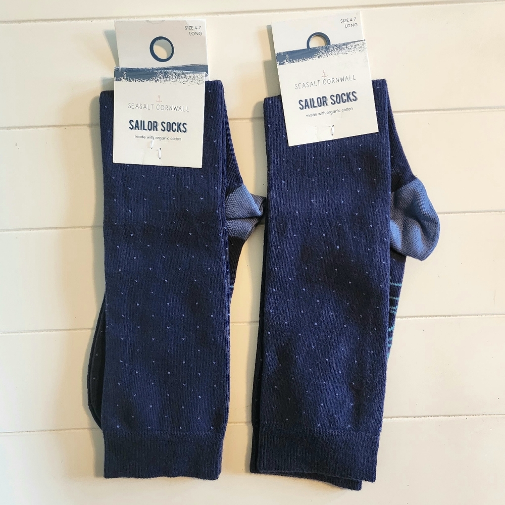 Organic Cotton Knee Socks, Long Socks, 2 Pairs, Navy Blue, Size 4 - 7
